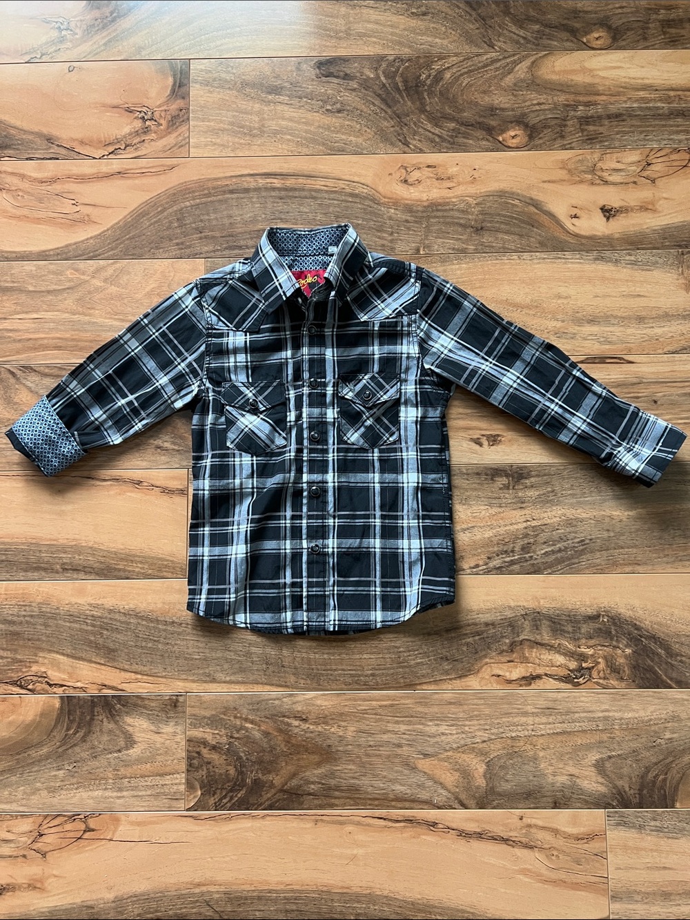 Boys Western Pearl Snap Plaid Cowboy Rodeo Shirt Black Gray Size 4/5 M